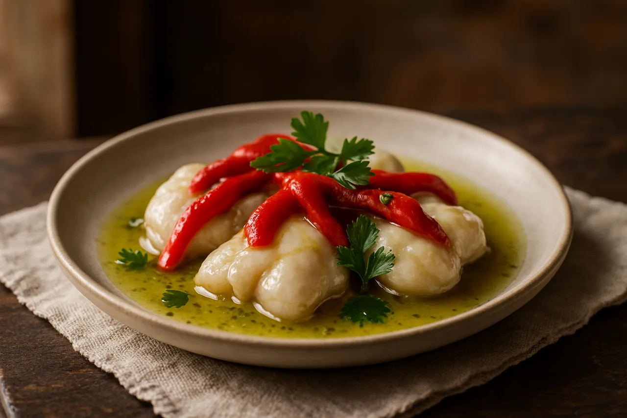 Foto de Kokotxas de bacalao al pilpil con pimientos