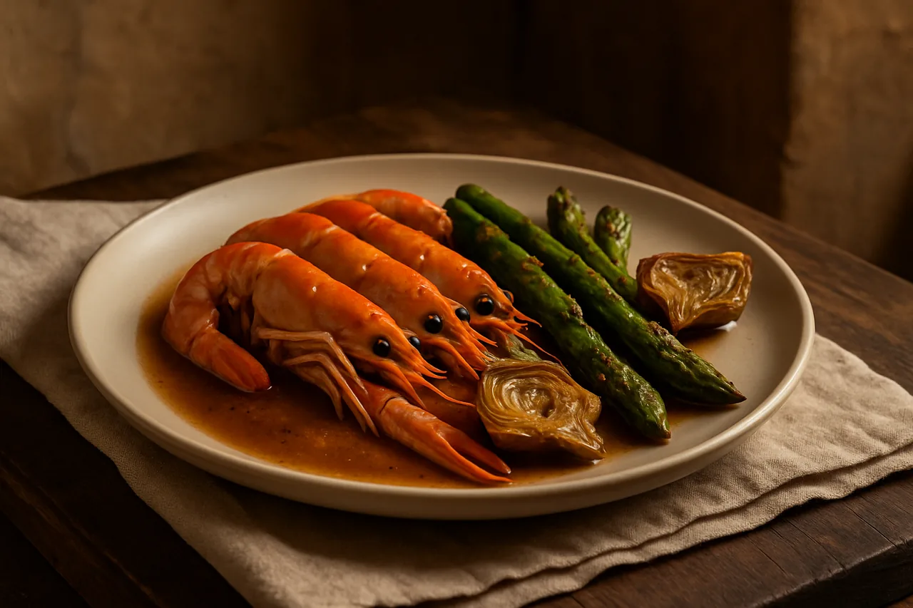 Foto de Langostinos en salsa con alcachofas y espárragos rebozados