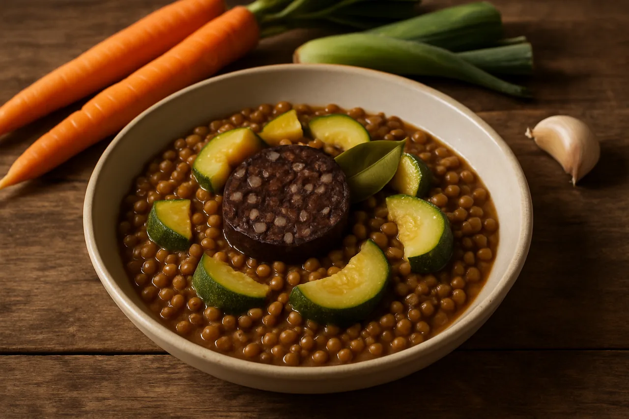 Foto de Lentejas con calabacín y morcilla de arroz