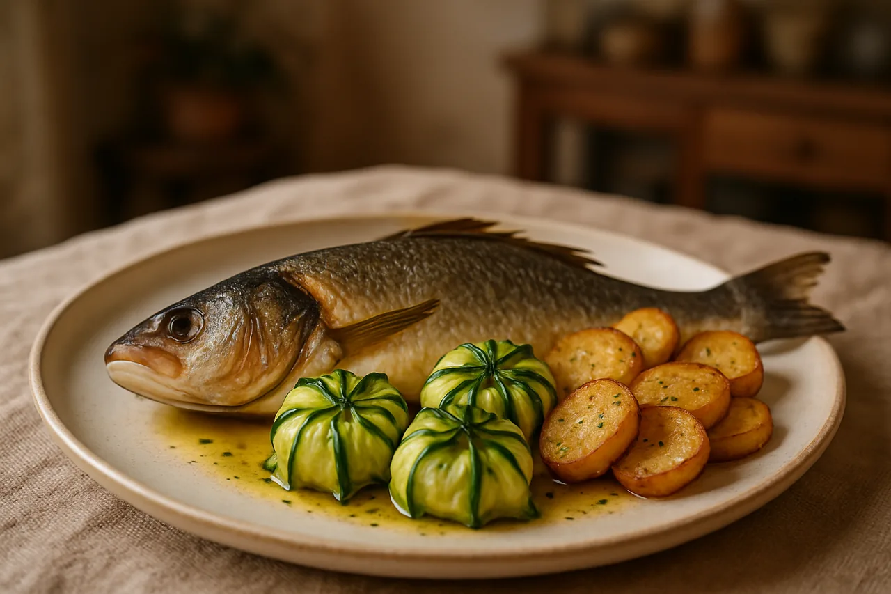 Foto de Lubina con paquetes de calabacín y patatas panadera