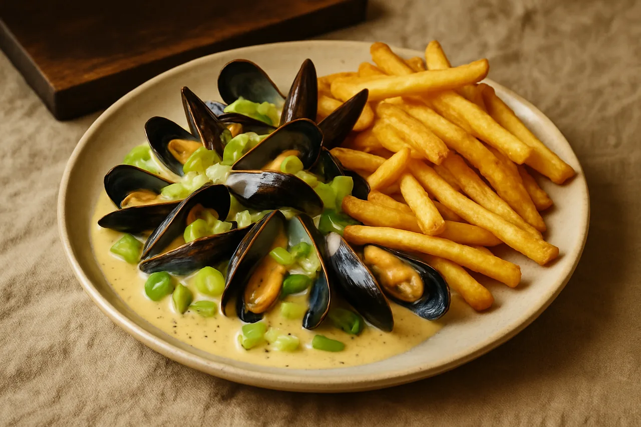 Foto de Mejillones al estilo de Bruselas con patatas fritas