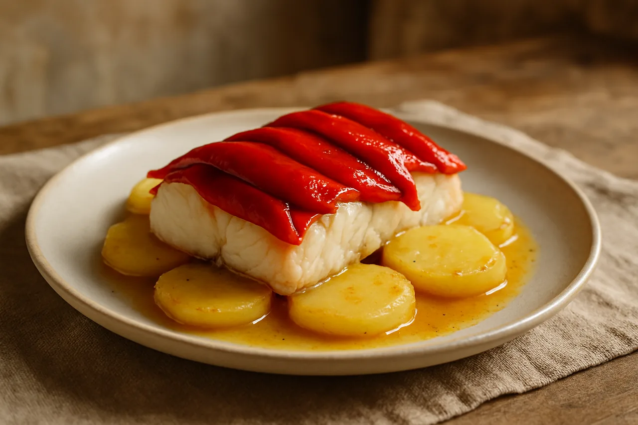 Foto de Merluza al horno con patatas y pimientos del piquillo