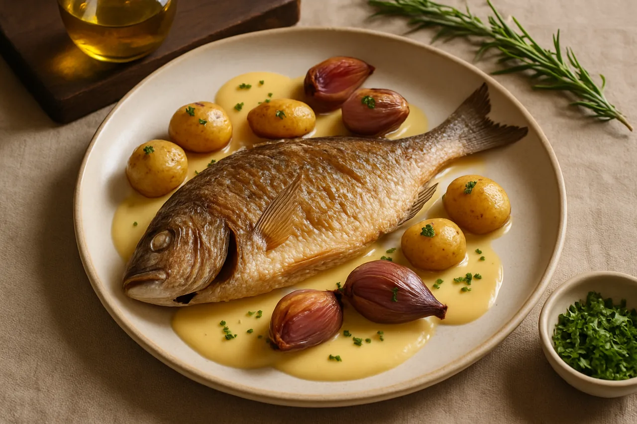 Foto de Mojarra con chalotas y patatas confitadas