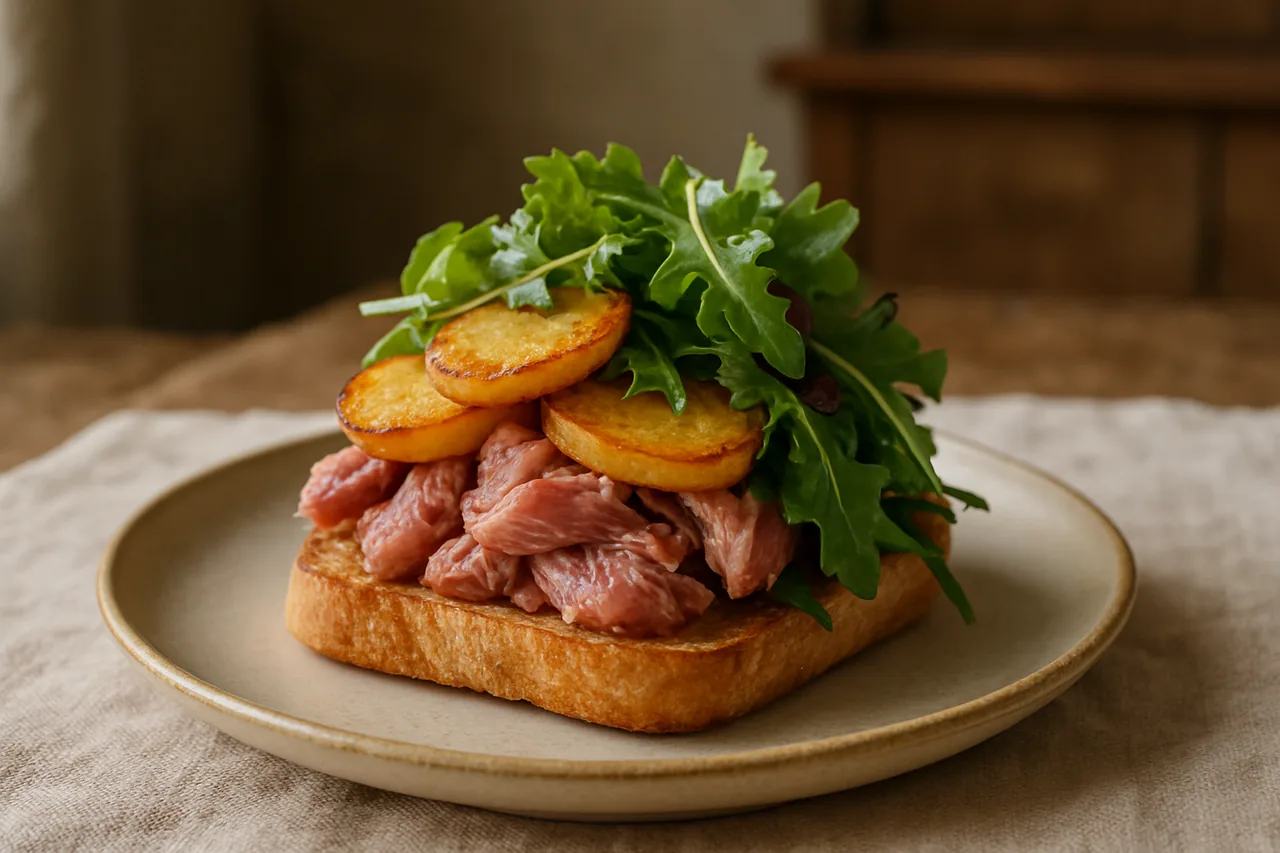 Foto de Montadito de Codillo con Patatas Panadera y Ensalada Verde