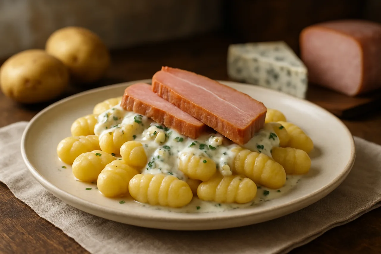 Foto de Ñoquis de Patata con Salsa Roquefort y Jamón