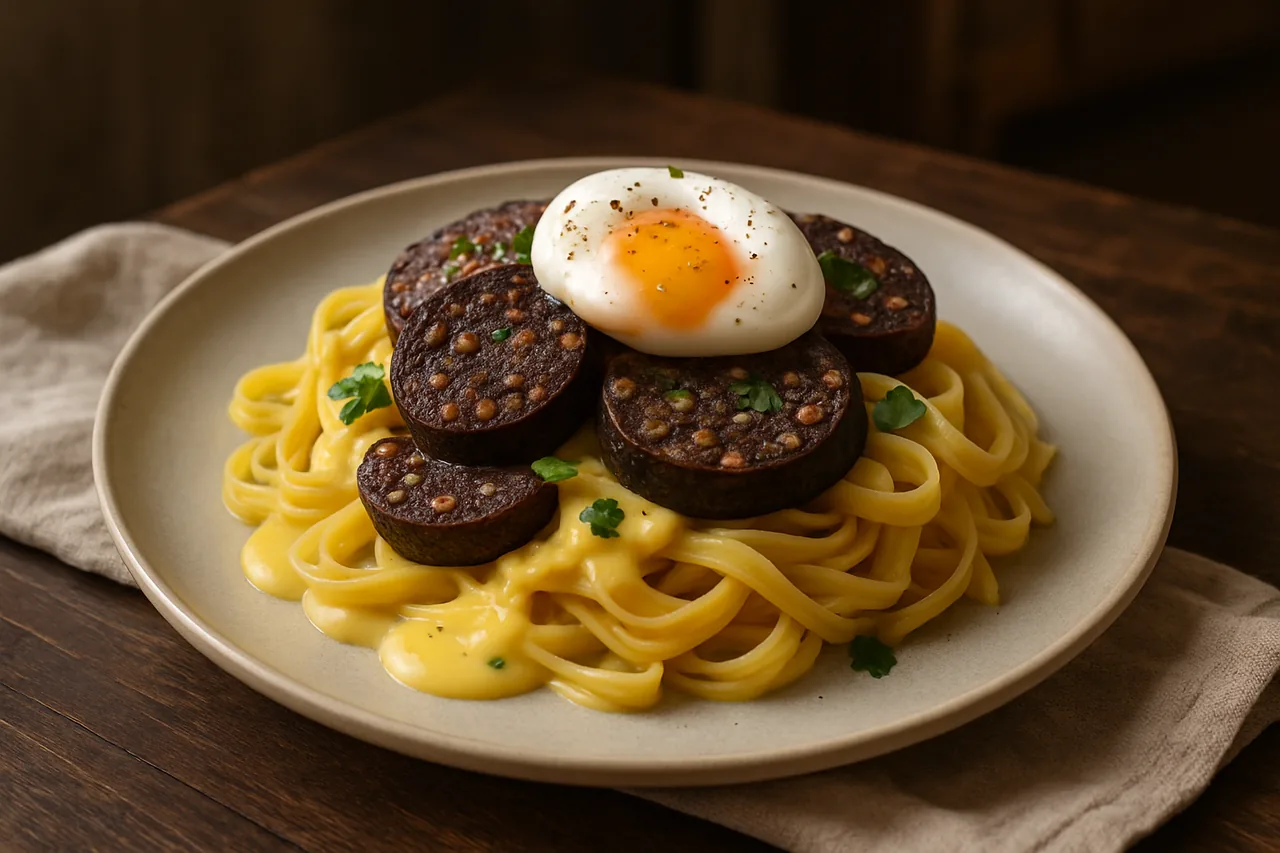 Foto de Pasta con Morcilla, Salsa de Maíz y Huevo Escalfado