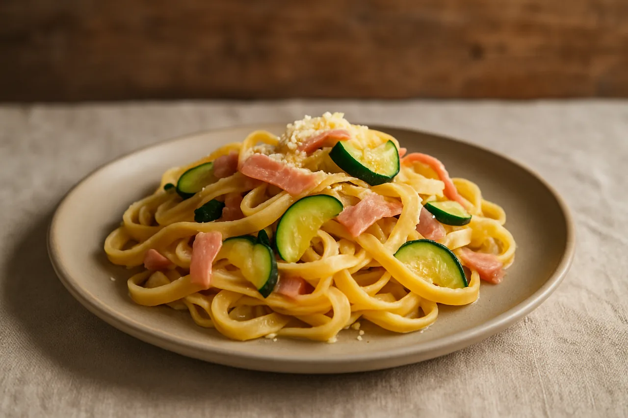 Foto de Pasta fresca con jamón, calabacín y queso