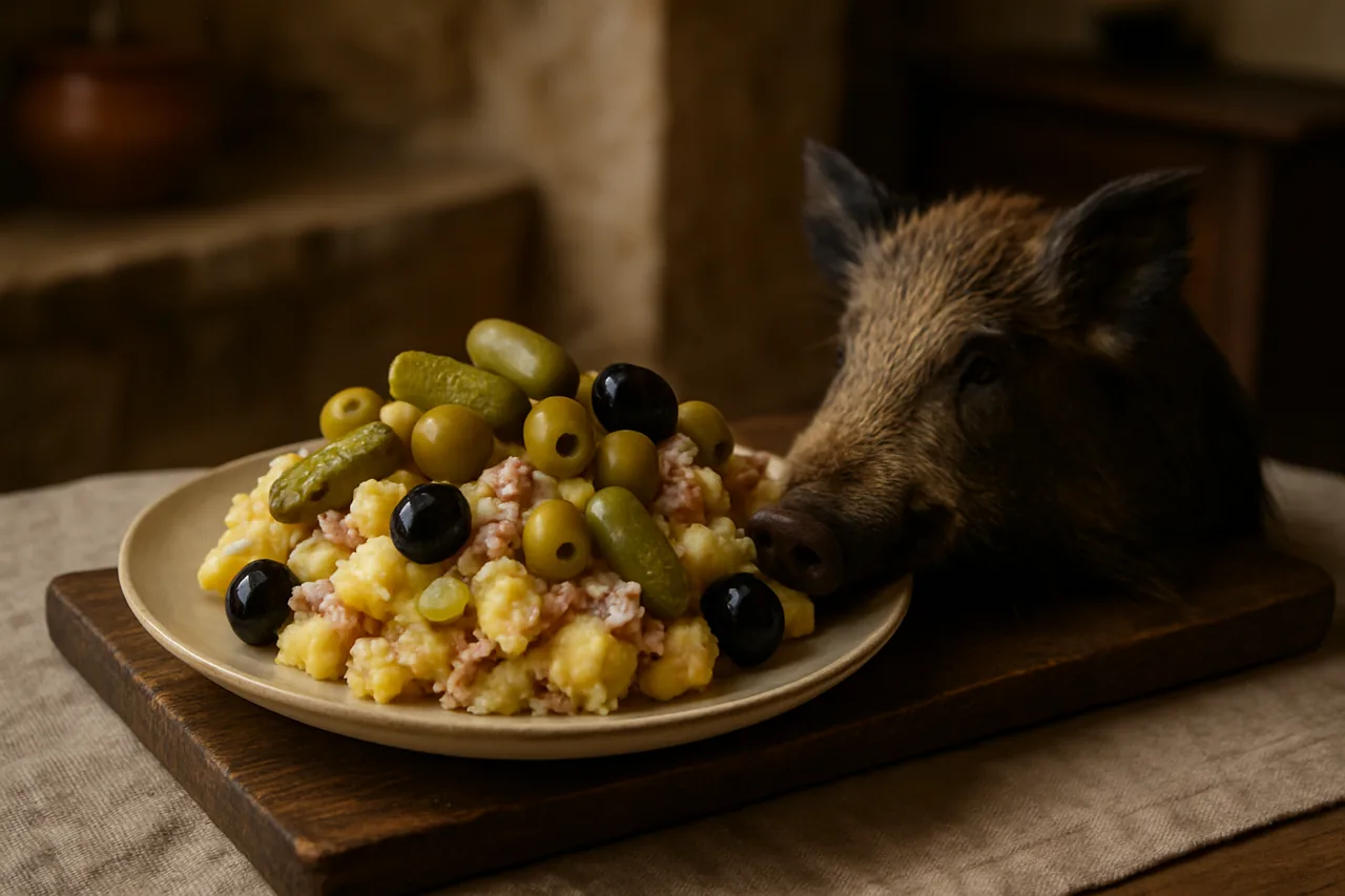 Foto de Patatas con ensaladilla de cabeza de jabalí