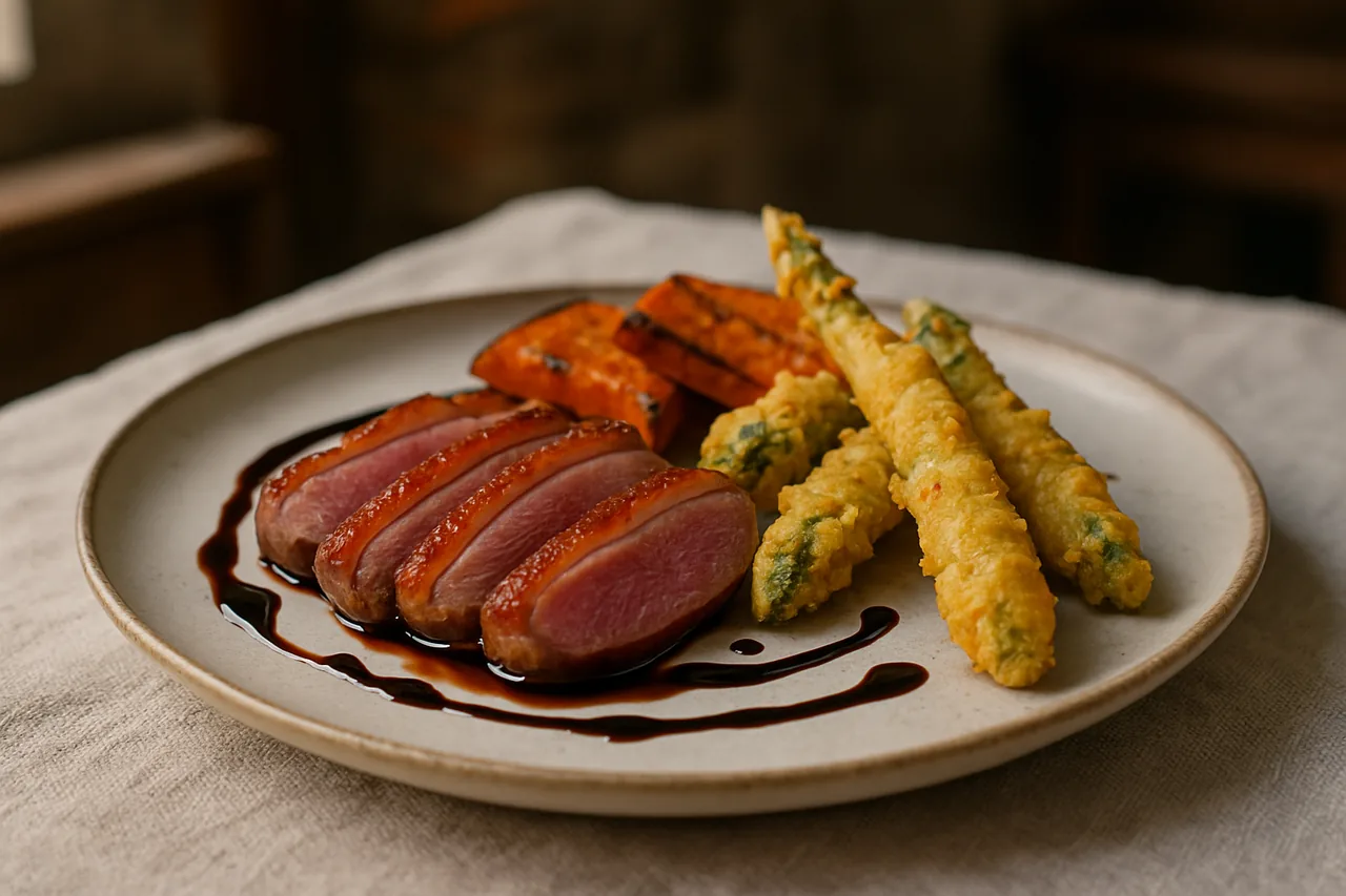 Foto de Pechuga de pato con espárragos en tempura de azafrán