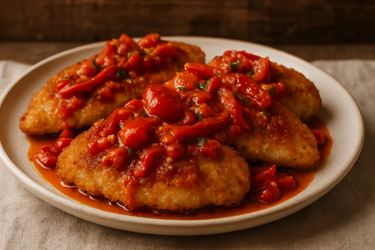 Foto de Pechugas de Pollo Rebozadas con Salsa de Tomate Picante