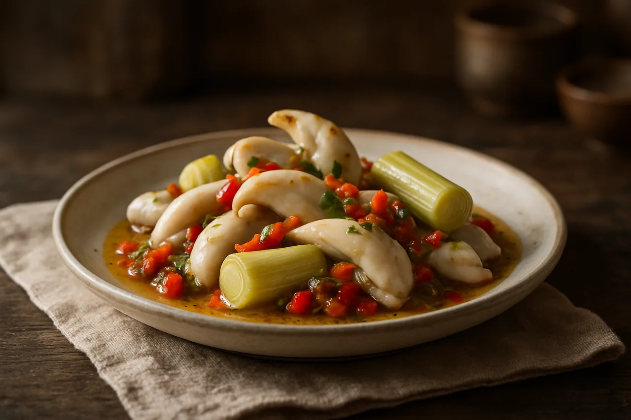 Foto de Perlones con puerros y vinagreta de pimiento morrón