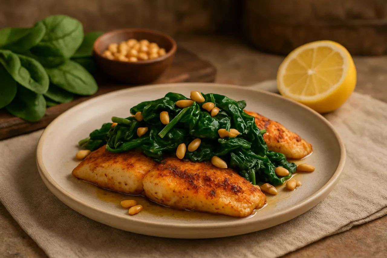 Foto de Pescadillas especiadas con espinacas salteadas