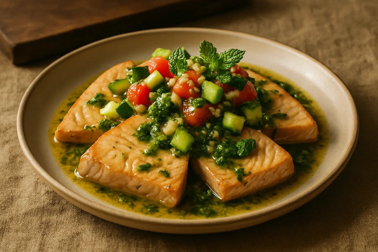 Foto de Pez espada adobado con salsa de menta