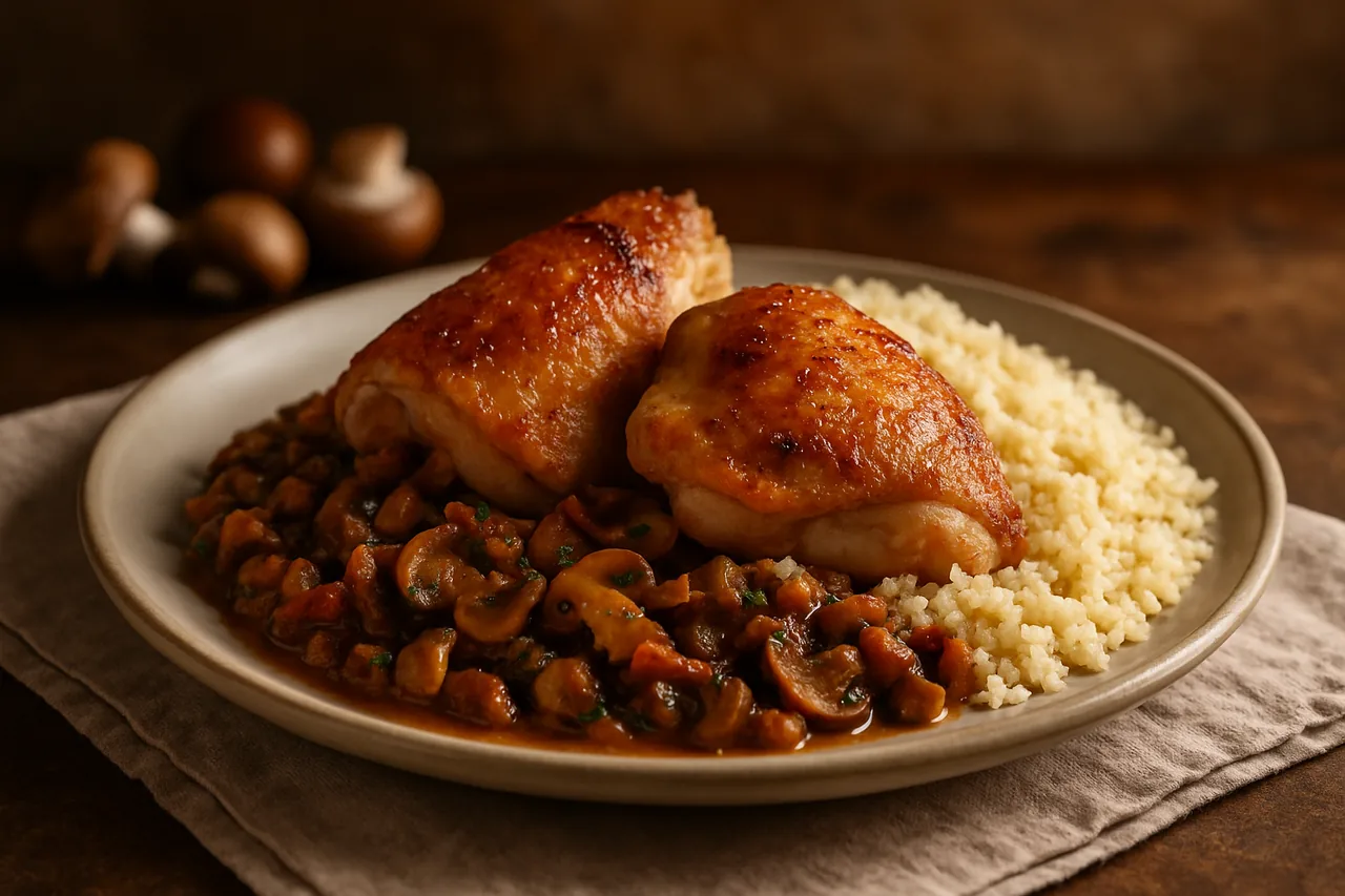 Foto de Pollo Asado con Pisto de Champiñones y Cuscús