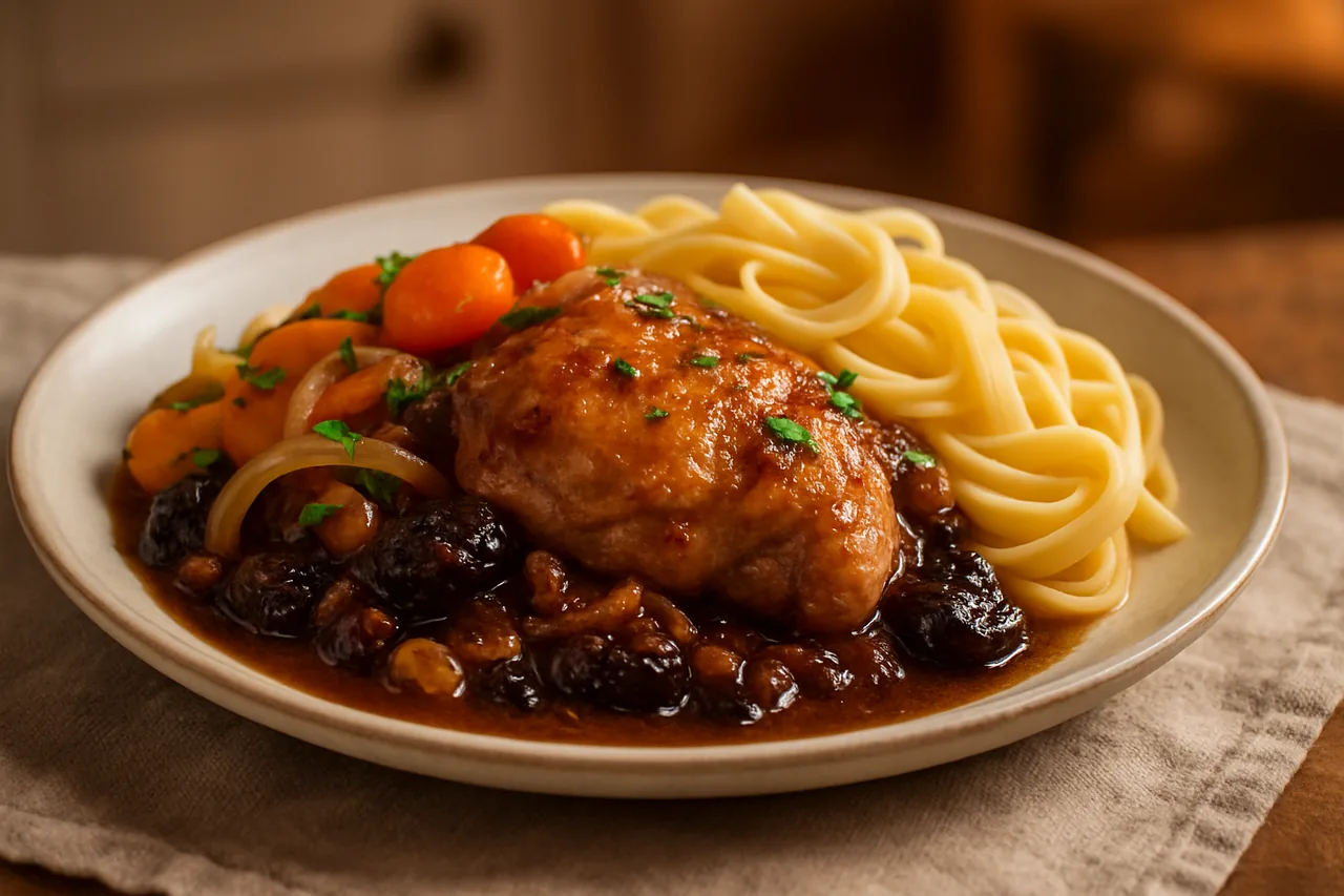 Foto de Pollo con Salsa de Frutas Secas y Pasta