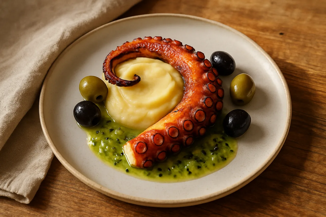 Foto de Pulpo con puré de patata y vinagreta de kiwi