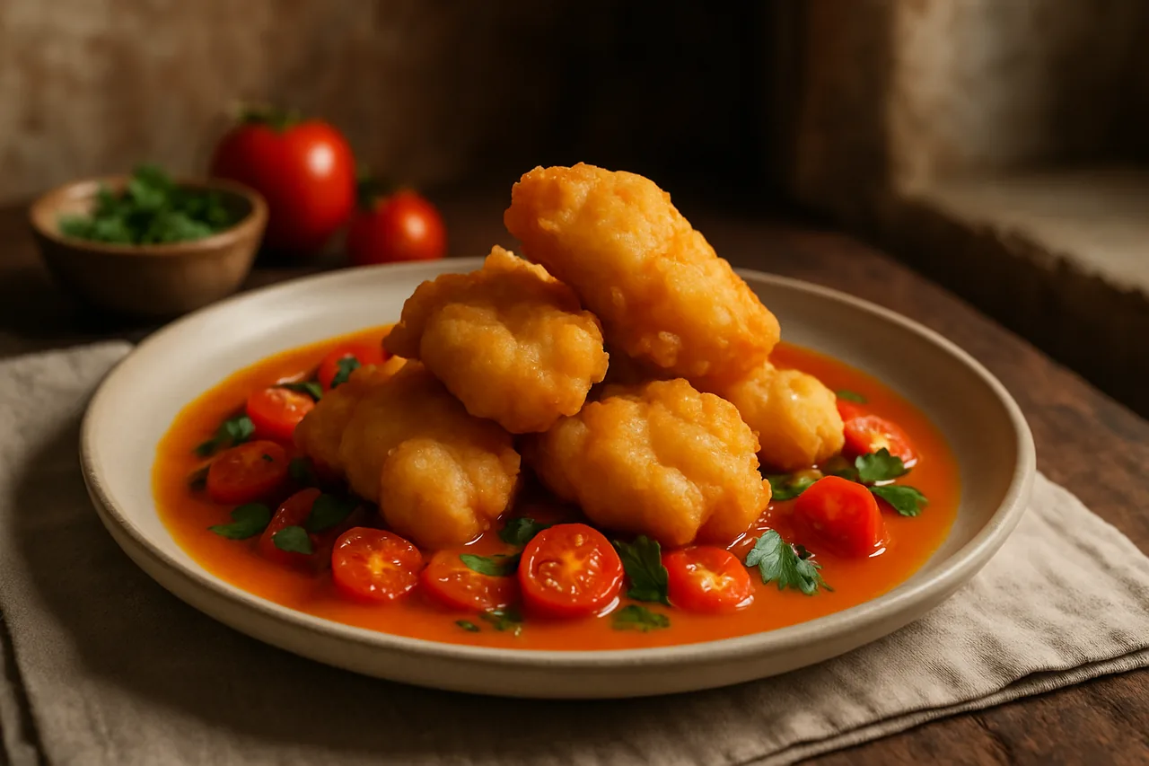 Foto de Rape rebozado con salsa de tomate al azafrán