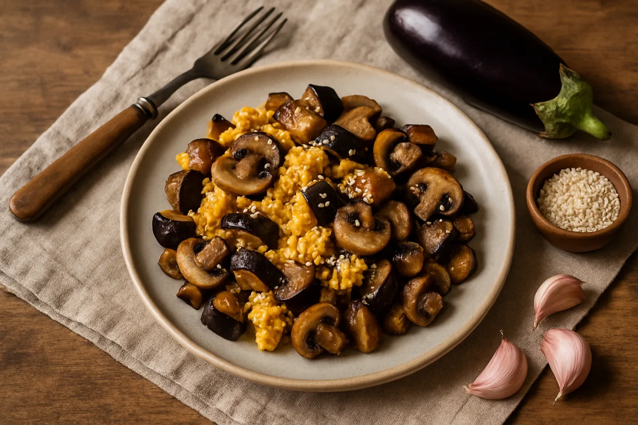 Foto de Revuelto de berenjenas y setas con polenta