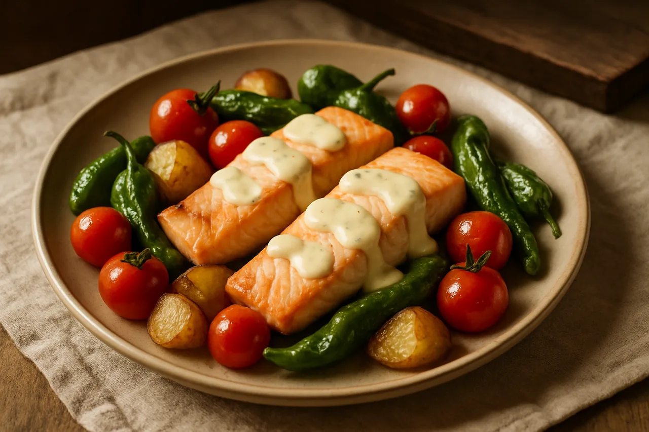 Foto de Salmón al alioli con verduras