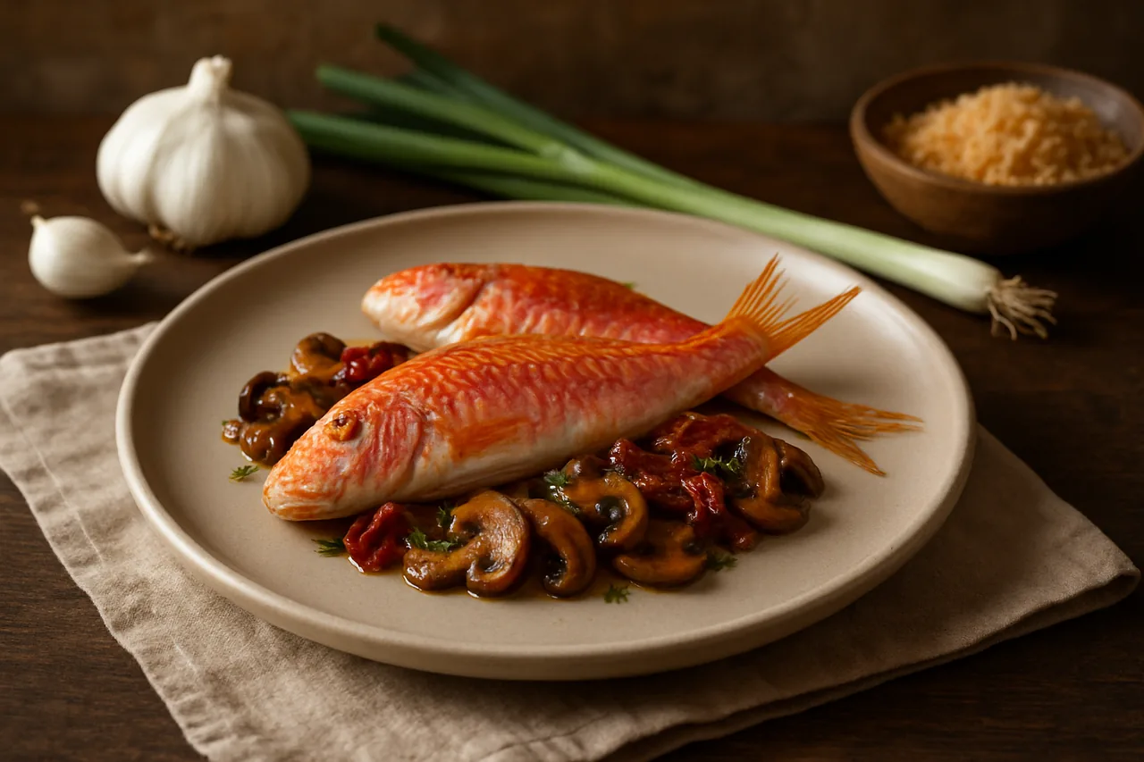 Foto de Salmonetes con setas y tomates