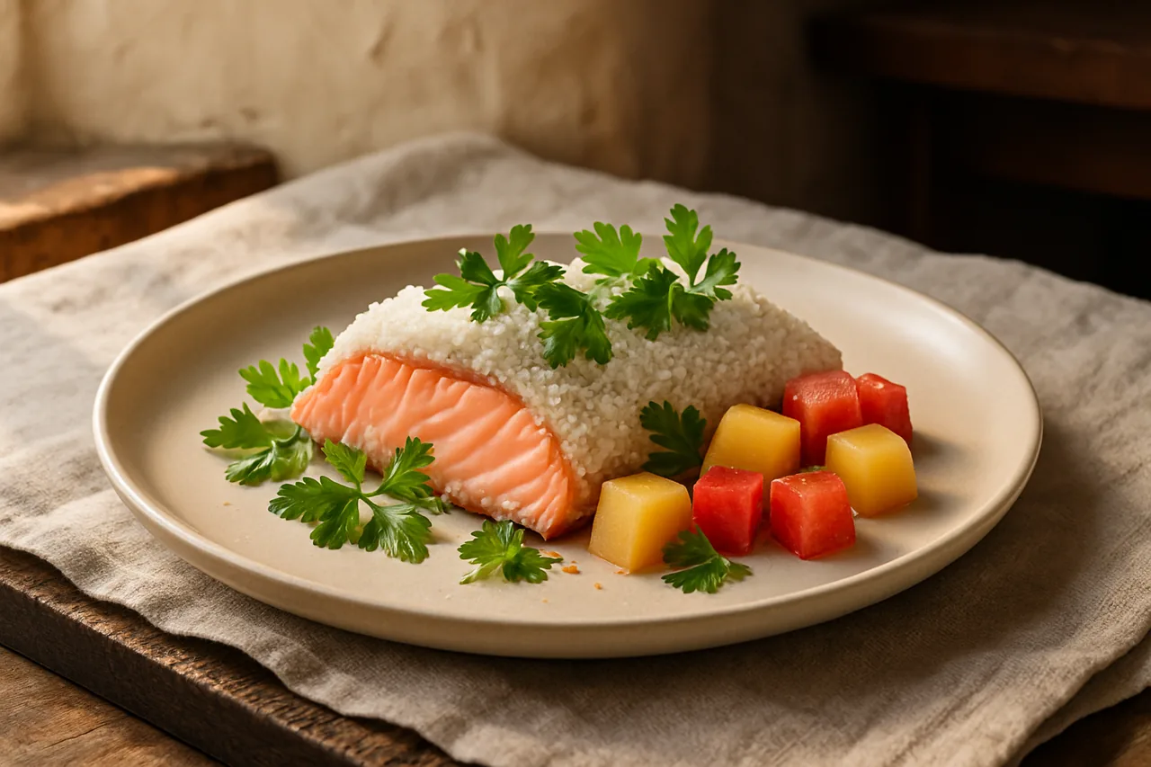 Foto de Salmón a la Sal con Salteado de Melón y Sandía