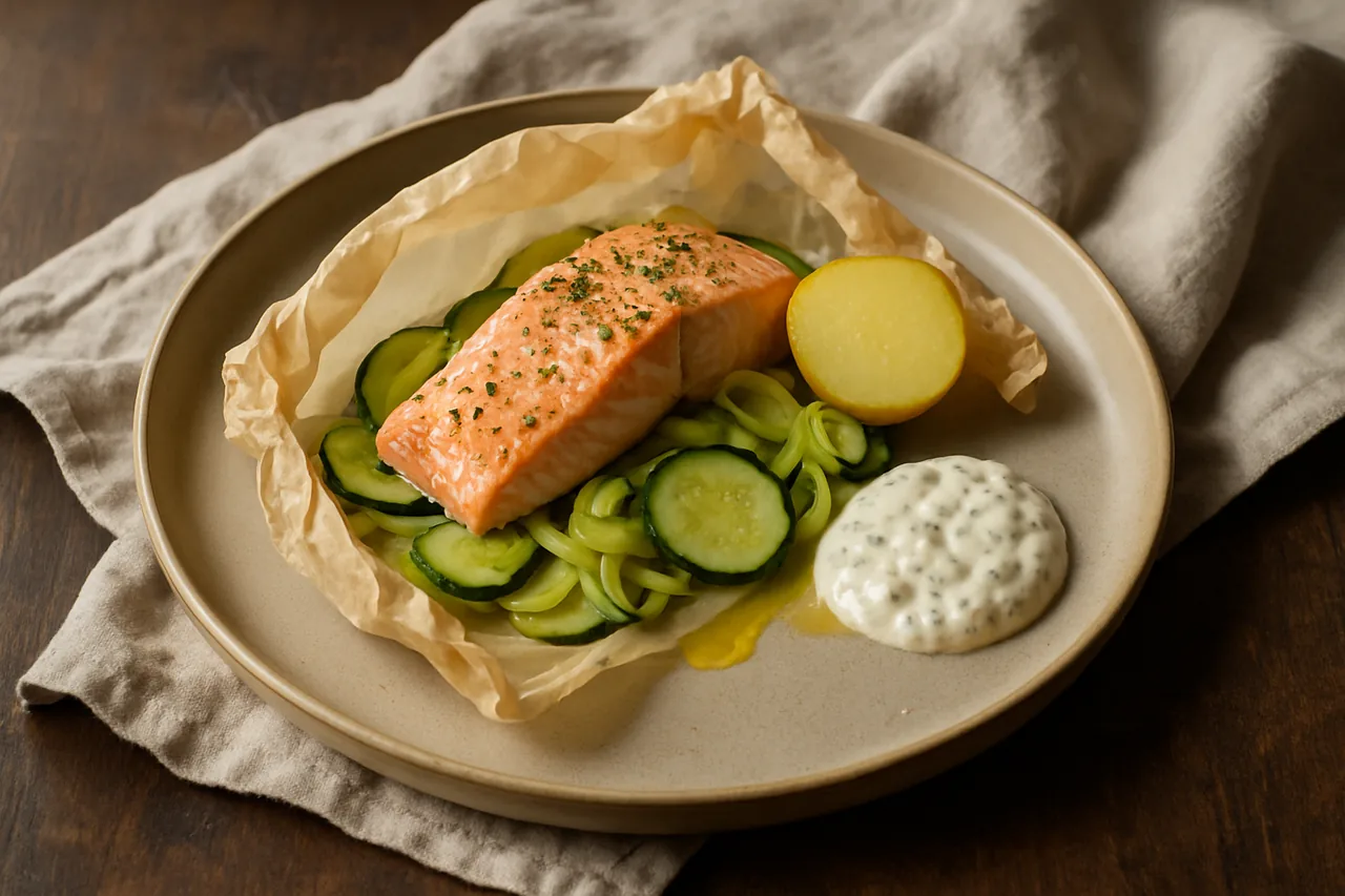 Foto de Salmón al Horno en Papillote con Salsa Tártara
