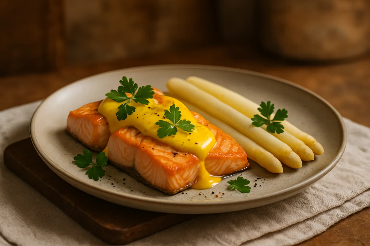 Foto de Salmón con Espárragos y Mayonesa de Azafrán