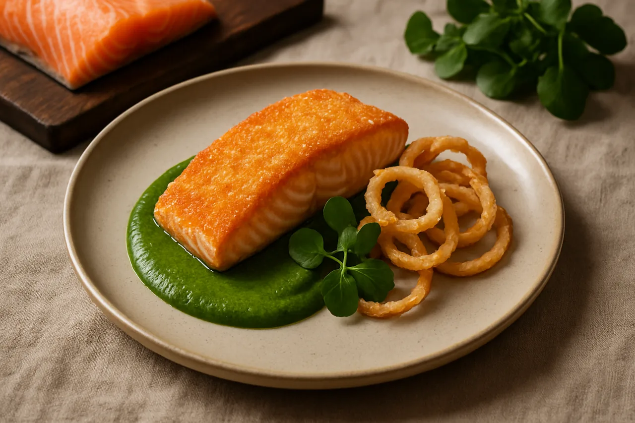 Foto de Salmón con Salsa de Berros y Aros de Cebolla