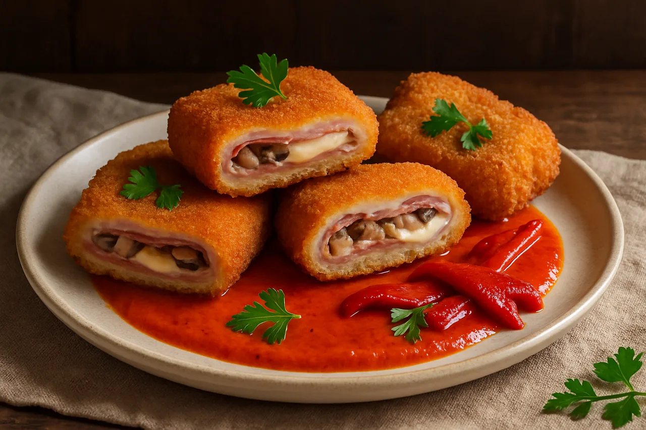 Foto de Sanjacobos de Setas, Jamón y Queso con Salsa de Piquillos