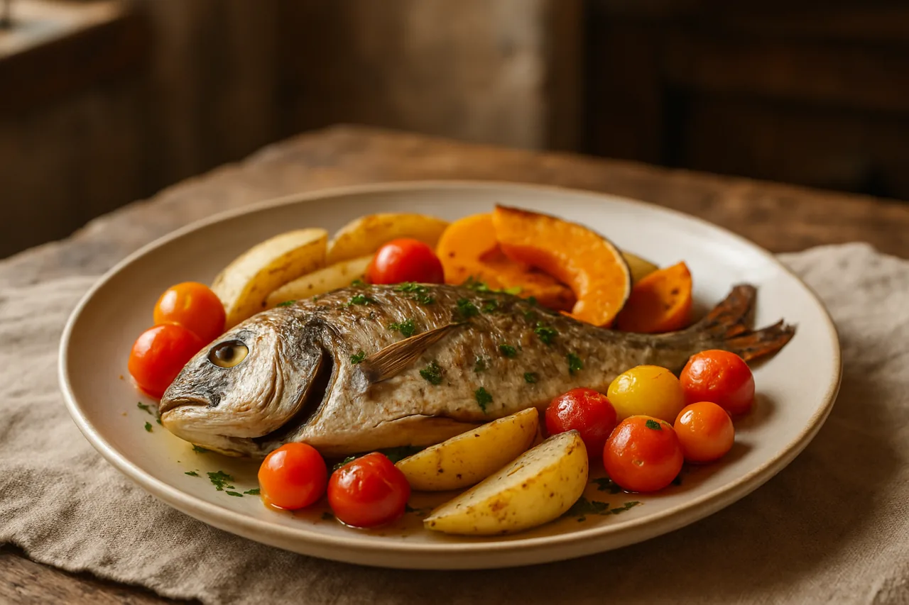 Foto de Sargo al horno con patatas panadera, calabaza y tomate