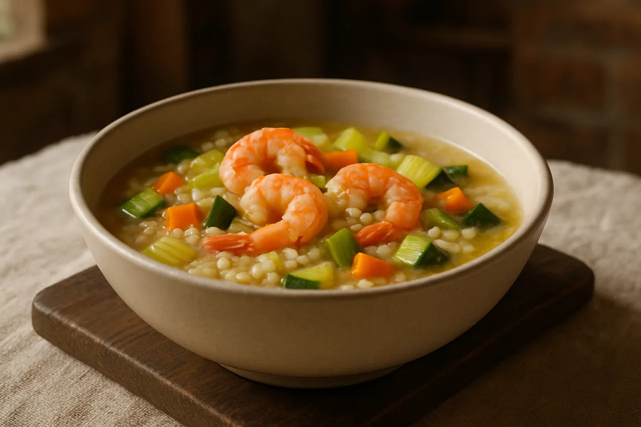 Foto de Sopa de arroz con verduras y gambas