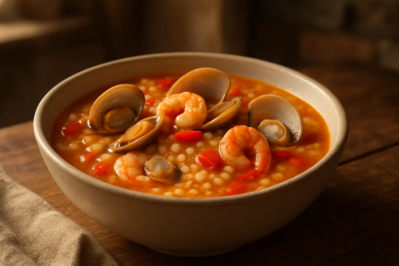 Foto de Sopa de perlón con almejas y gambas