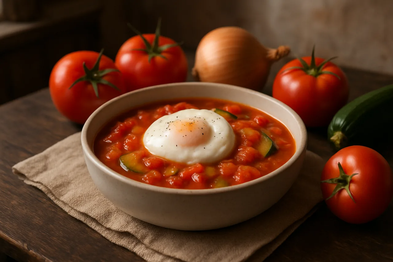 Foto de Sopa de tomate y cebolla con huevo escalfado