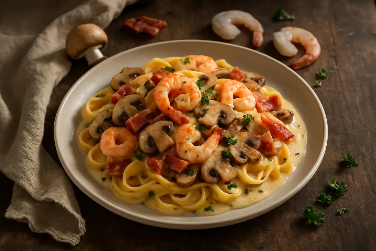 Foto de Tallarines con Champiñones, Pasas, Beicon y Gambas