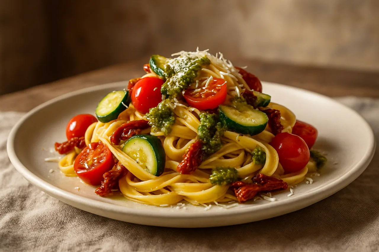 Foto de Tallarines con verduras y salsa pesto