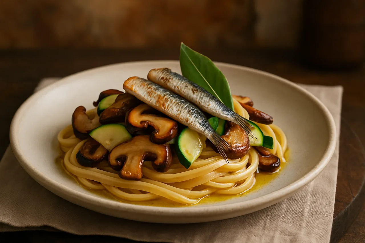 Foto de Tallarines con Verduras y Sardinas Viejas
