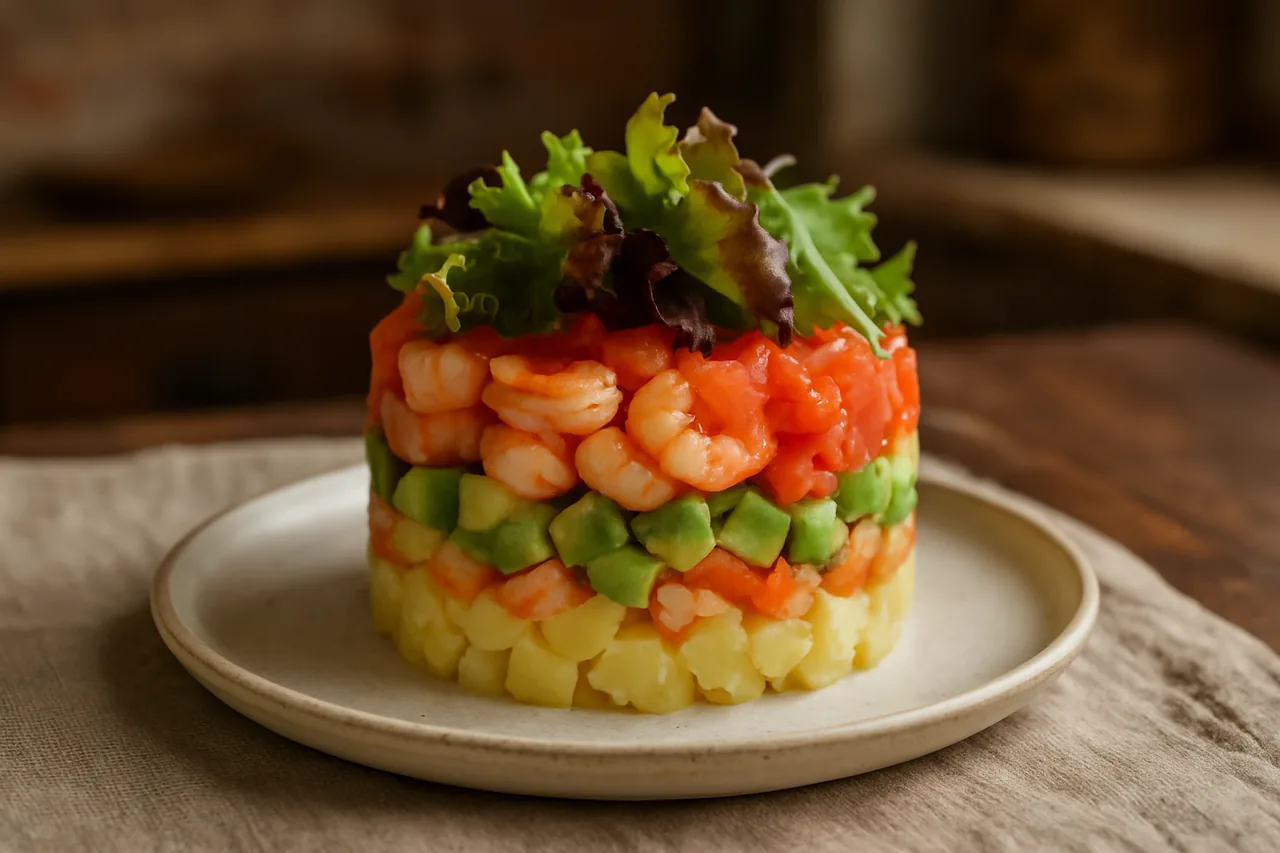 Foto de Timbal de Patata, Langostinos, Aguacate y Tomate