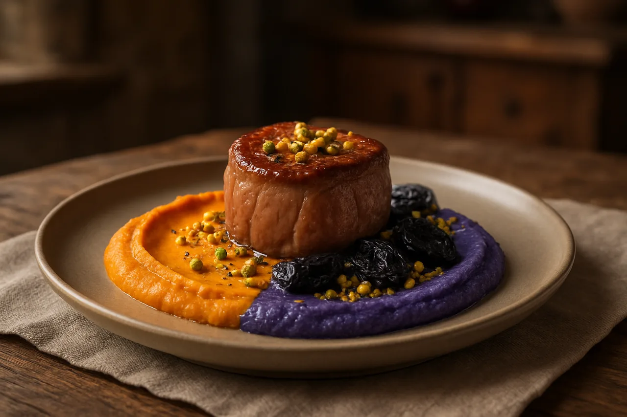 Foto de Tournedos de cordero con puré de boniato y patata azul